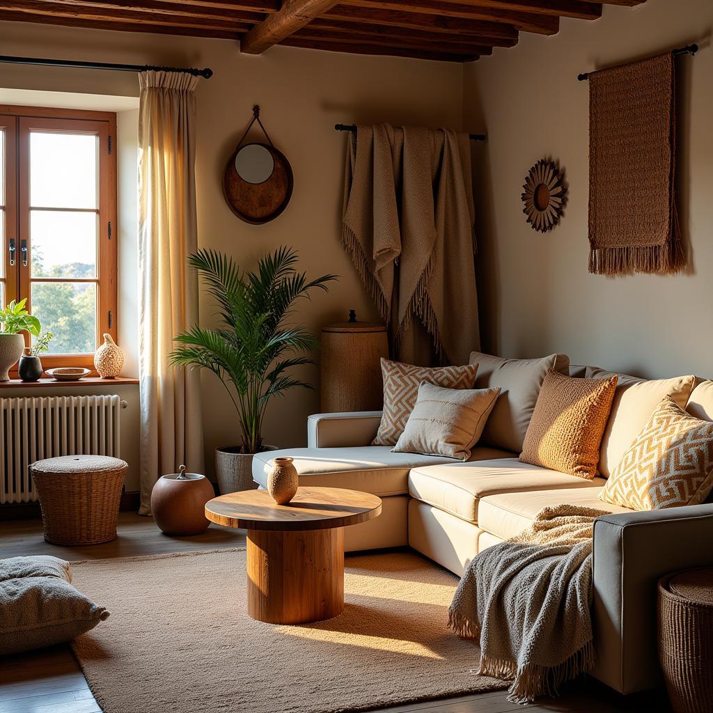 Spanish living room with textured throws, patterned cushions, and ceramic accents