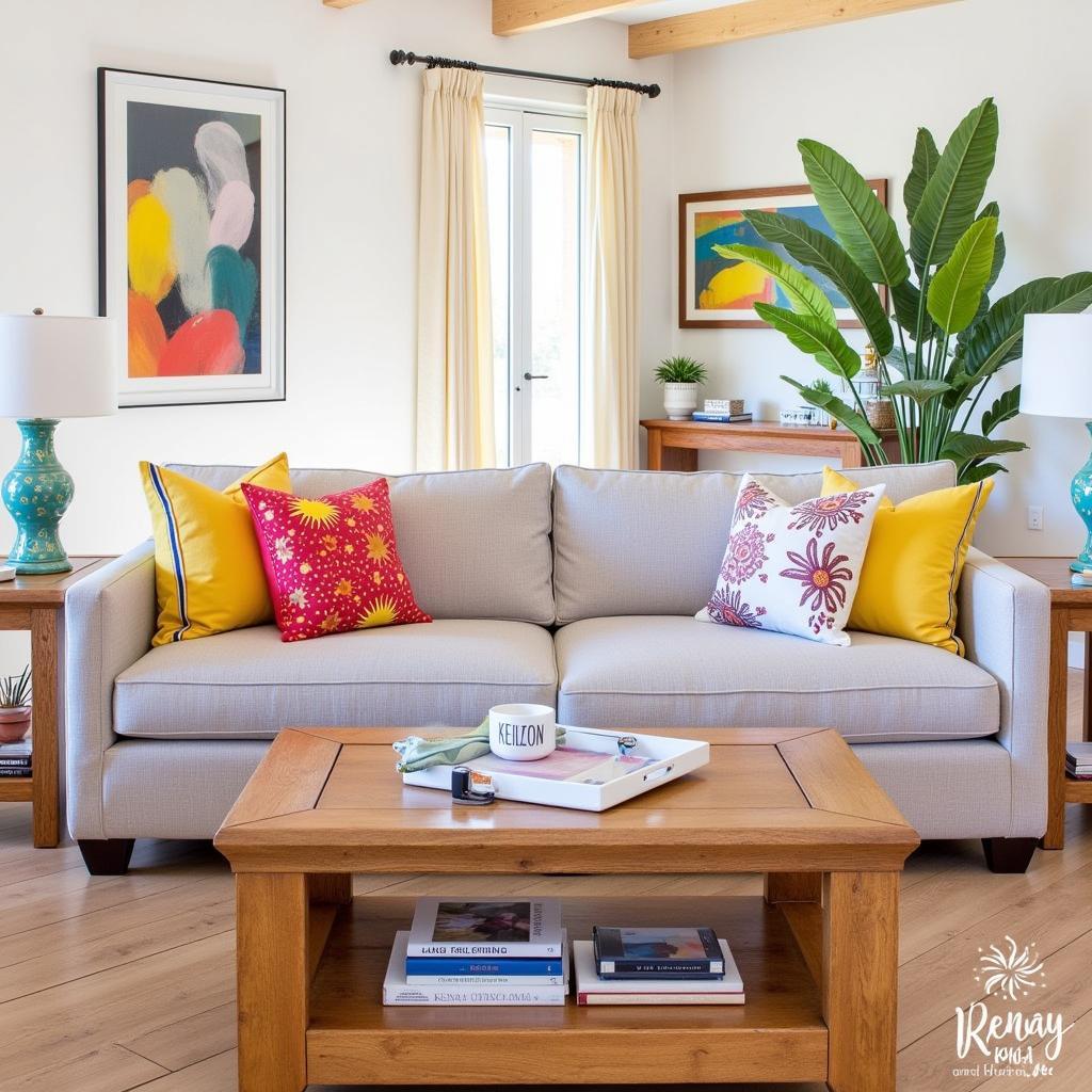 A sun-drenched Spanish living room featuring a cozy Kenay Home sofa adorned with colorful throw pillows, reflecting the vibrant spirit of Spain.