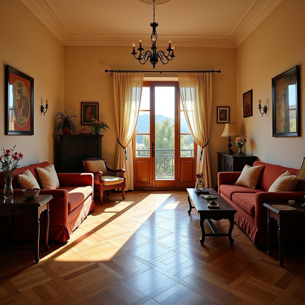 Cozy living room with traditional Spanish decor and a beautiful parquet floor