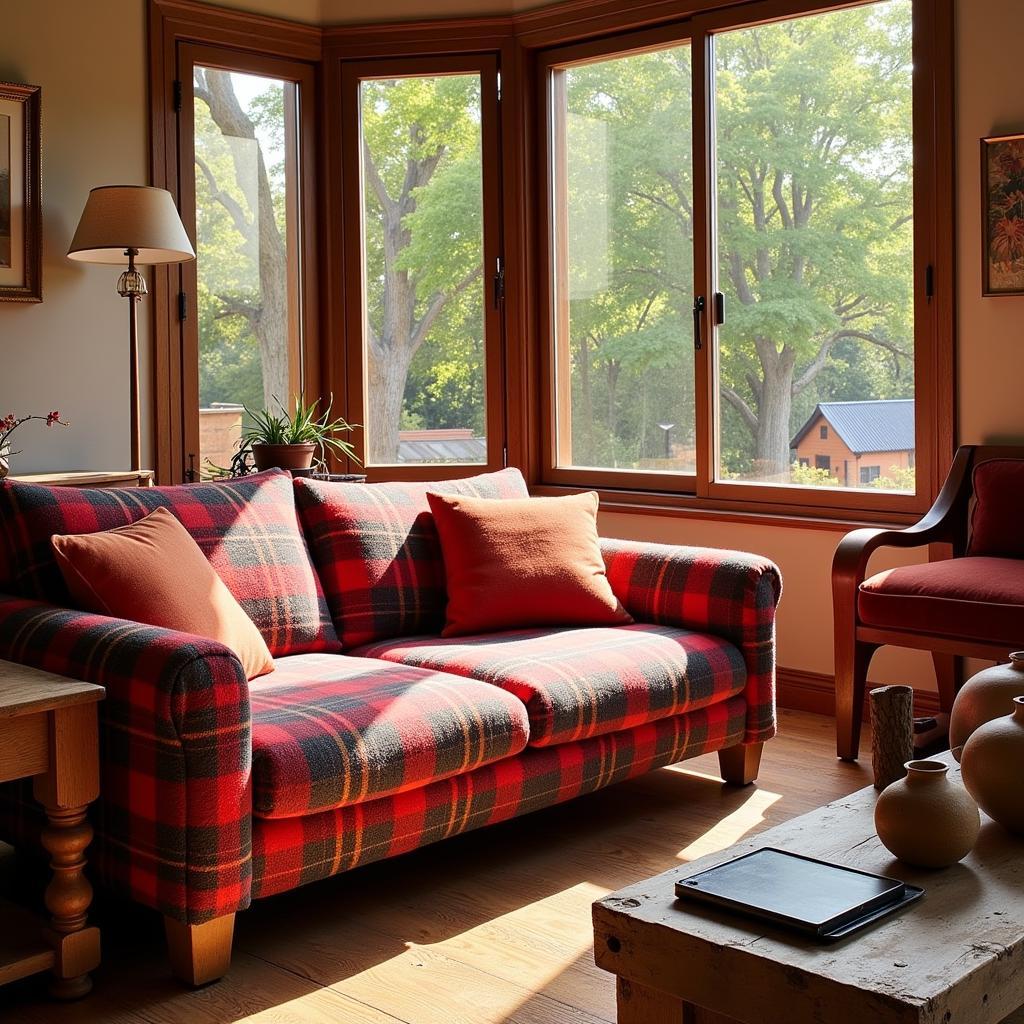 Cozy Spanish Living Room with a Plaid Sofá