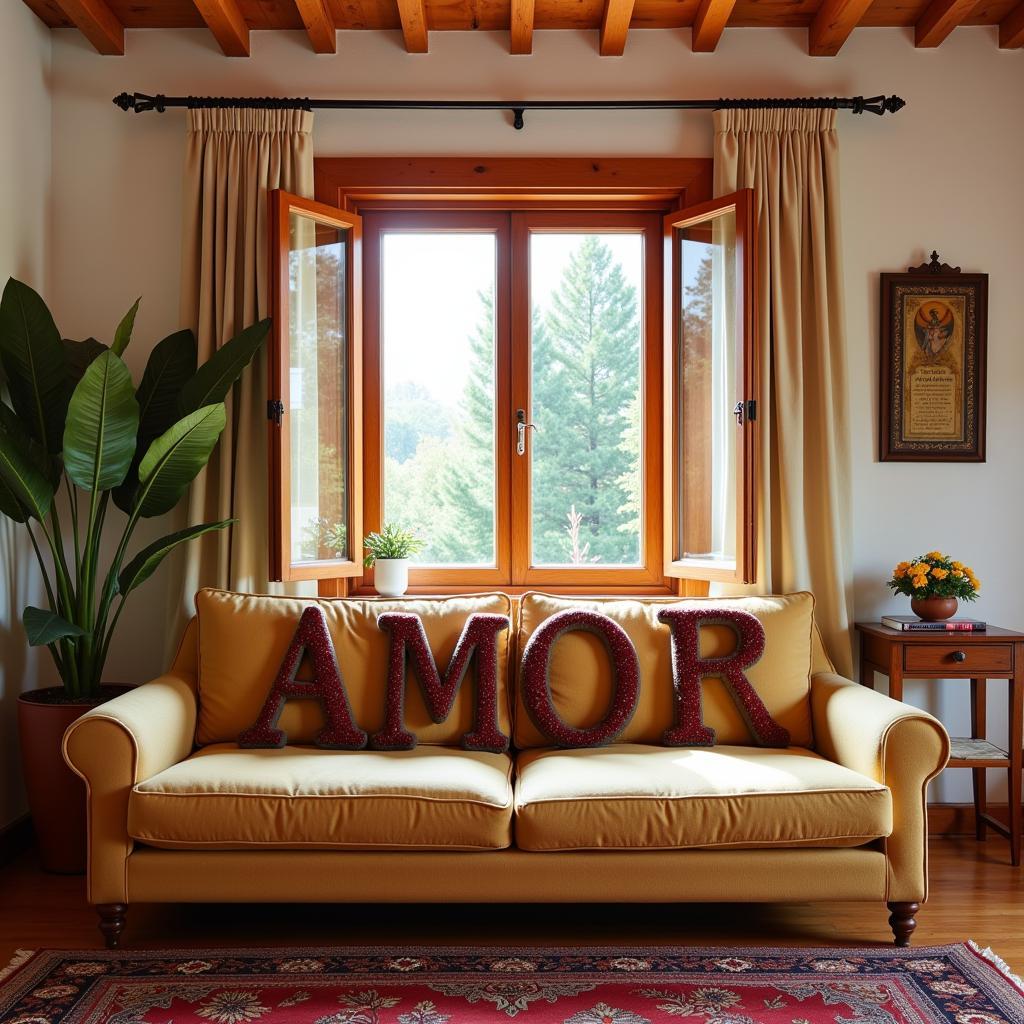 Cozy Spanish Living Room Decorated with Cojines Letras