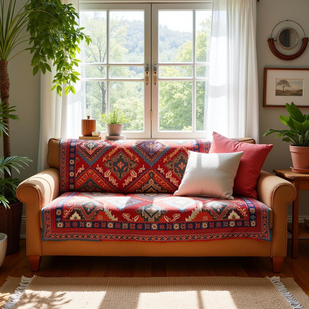 A sun-drenched Spanish living room featuring a sofa adorned with a vibrant Zara Home sofa cover