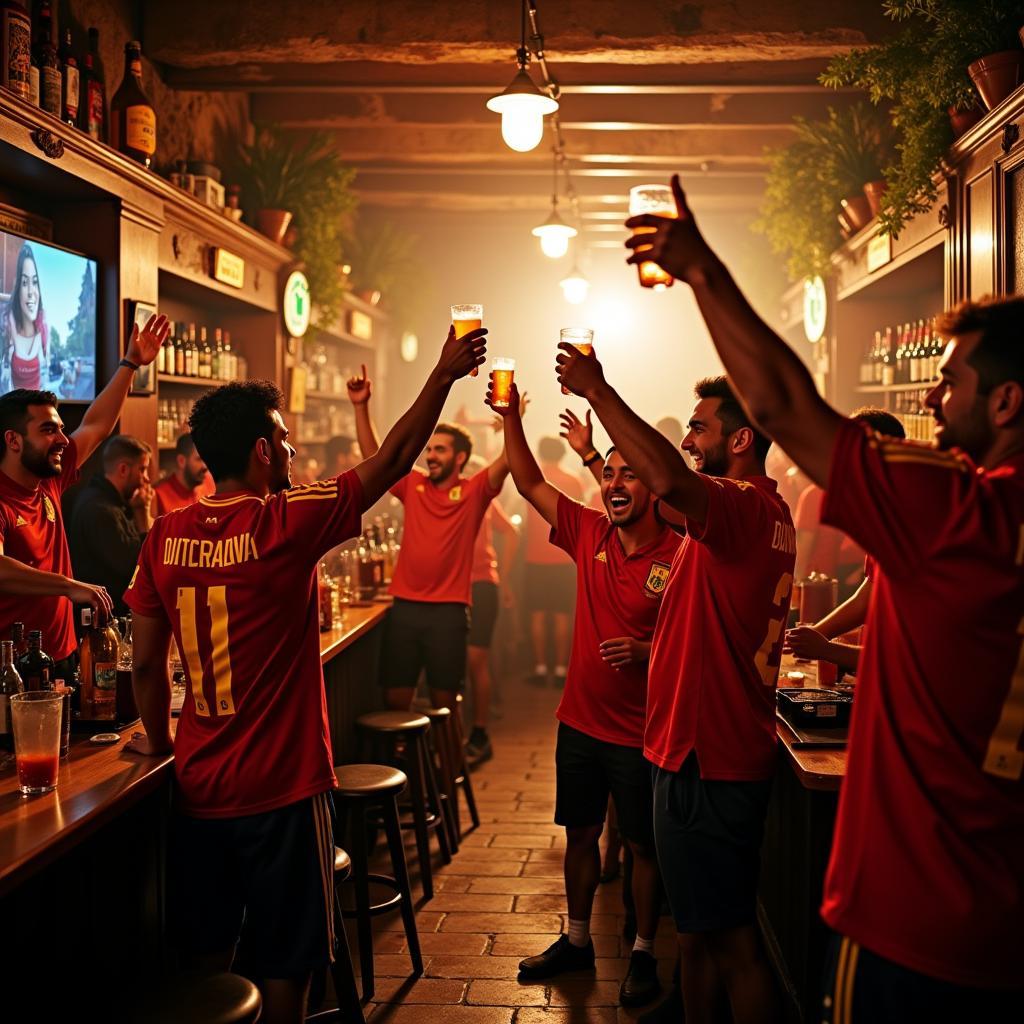 Locals celebrating a goal in a Spanish bar