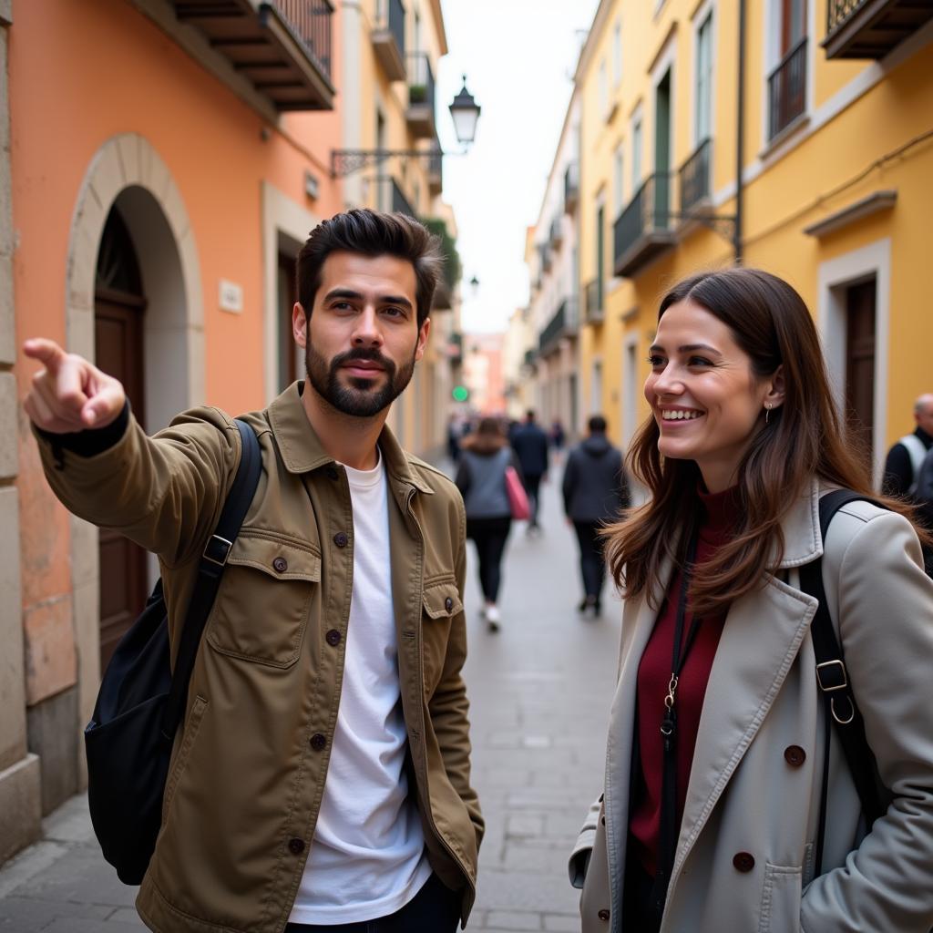  A friendly Spanish local assisting with directions, gesturing with a warm smile.