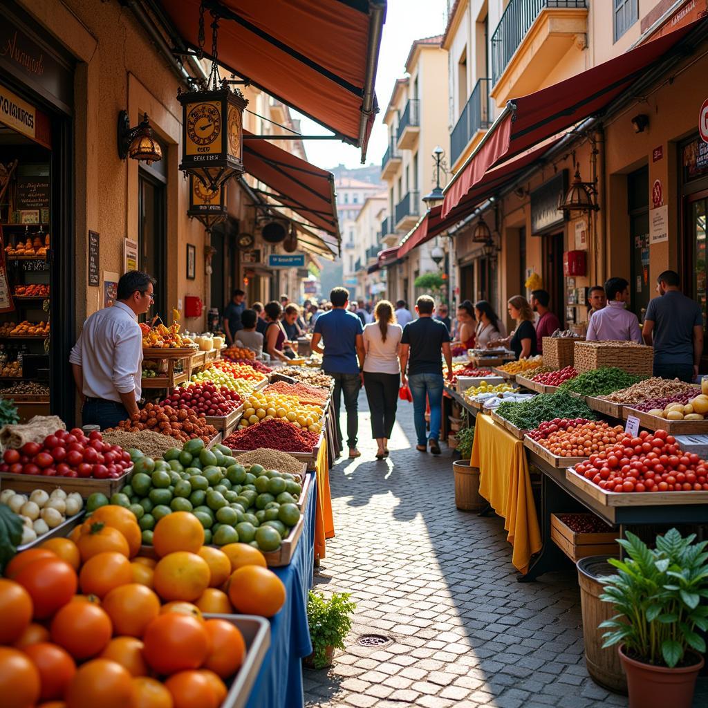 Bustling Spanish local market with colorful displays of fresh produce