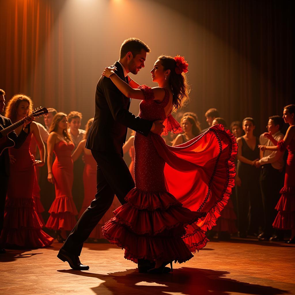 A group of Spanish locals passionately performing flamenco, their energy and rhythm reflecting the soul of Spain.