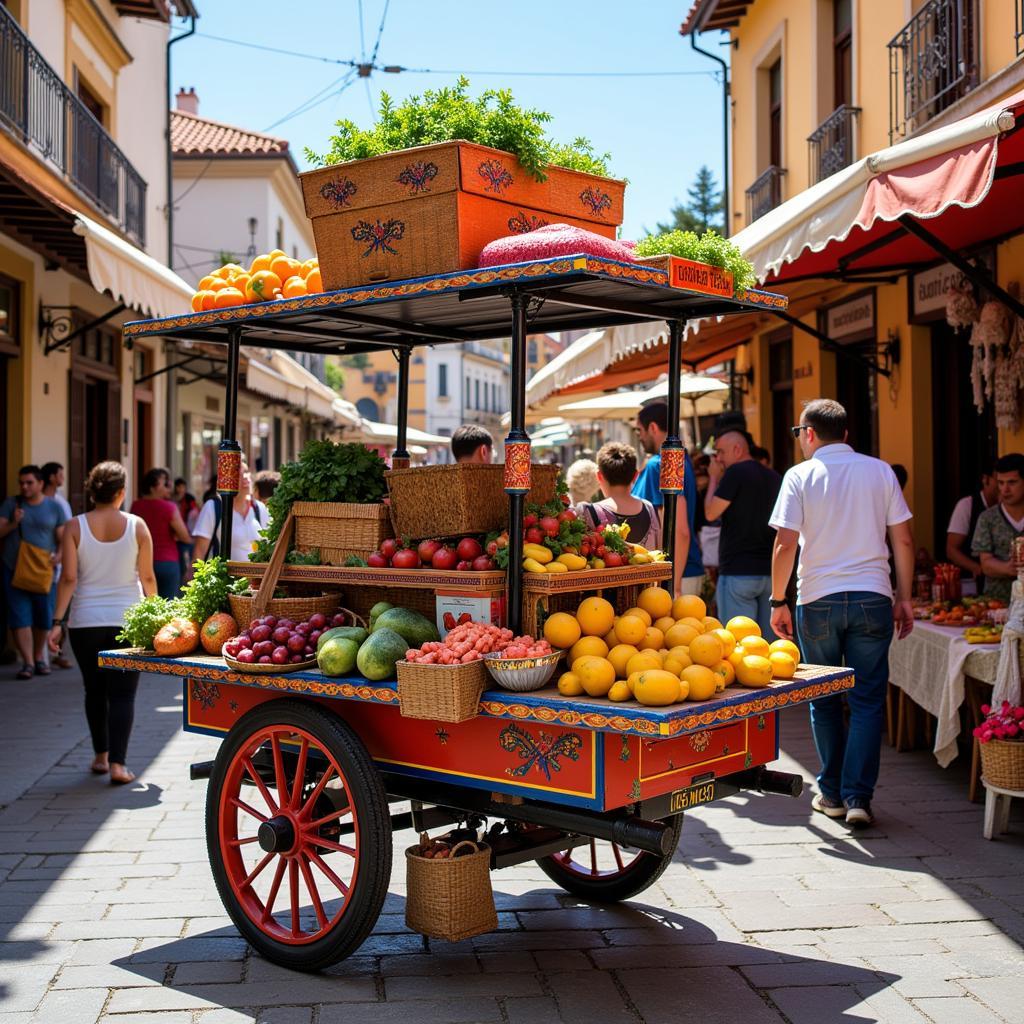 Bustling Spanish Market with Colorful Carrito Playa