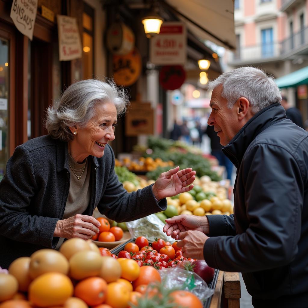 Engaging in Lively Conversation at a Spanish Market