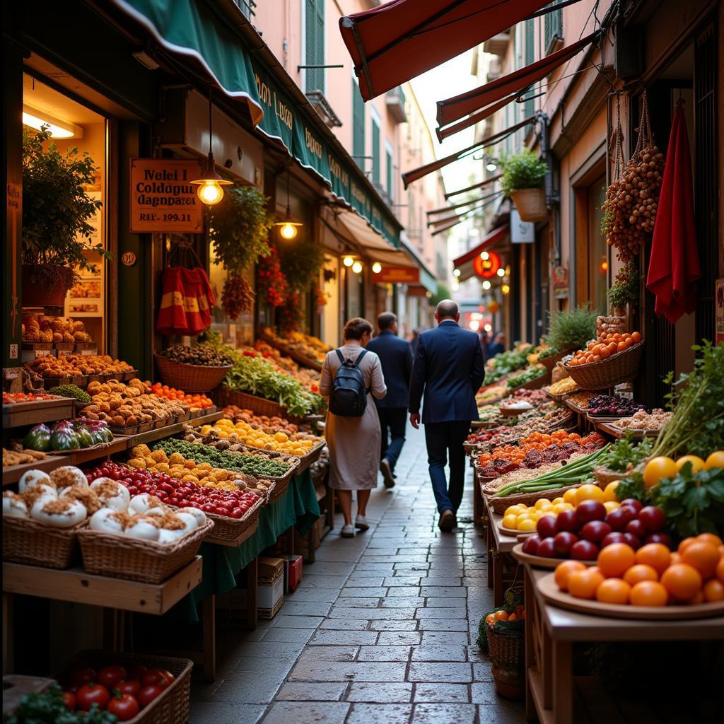 A bustling Spanish market overflowing with fresh produce