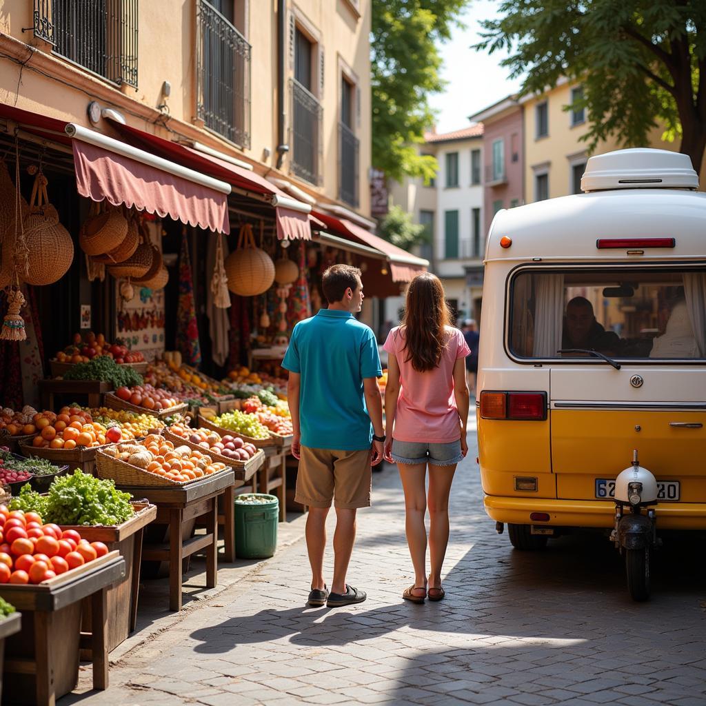 Mobile home travelers at a Spanish market