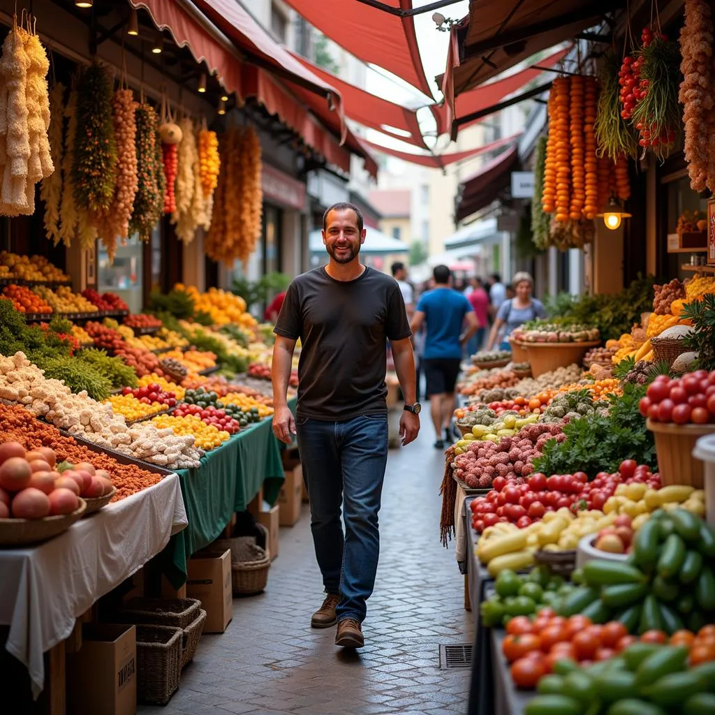 A vibrant market in Spain with colorful stalls, fresh produce and locals interacting