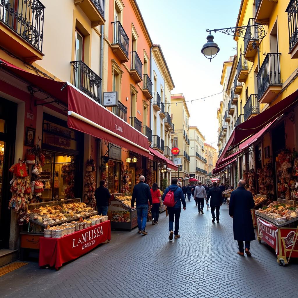 Bustling Street with Local Shops in Spain