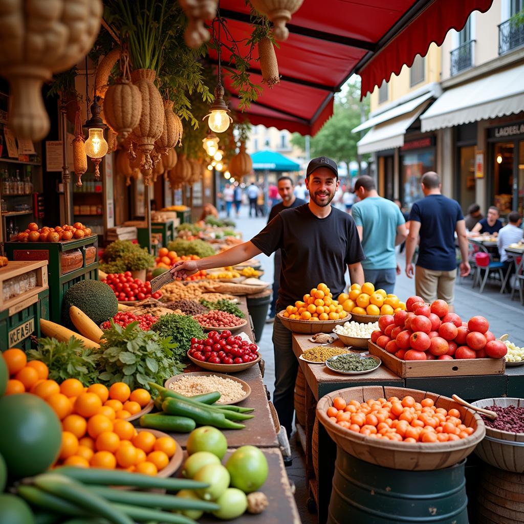 Smiling Spanish market vendors arranging fresh produce