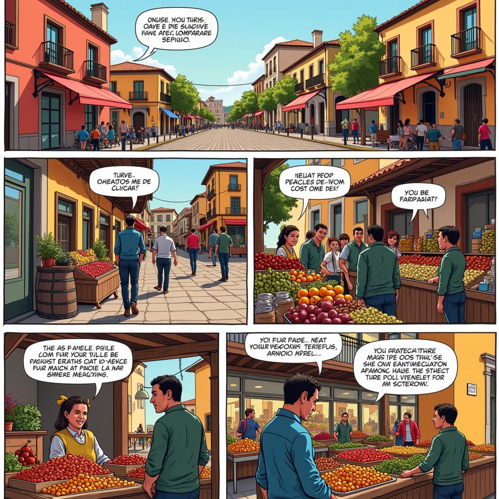 Bustling Spanish Marketplace in Comic Book Style