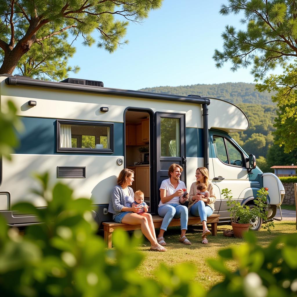 Family enjoying their mobil home stay at a Spanish campsite