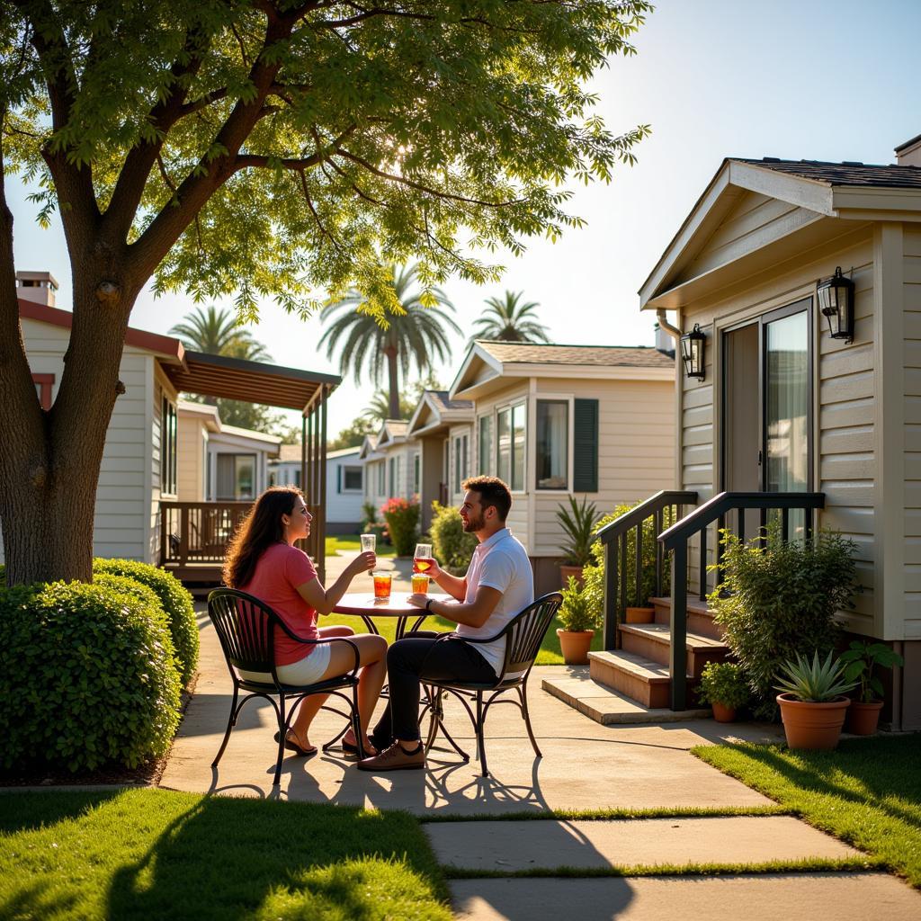 Couple relaxing outside their mobile home in a Spanish mobile home park