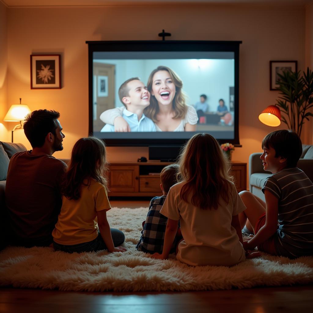 Family enjoying a Spanish movie night