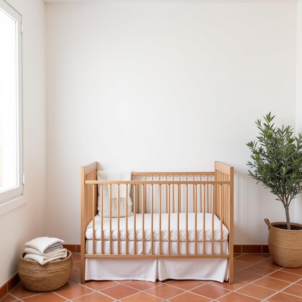 A sunlit Spanish nursery featuring a Zara Home crib set