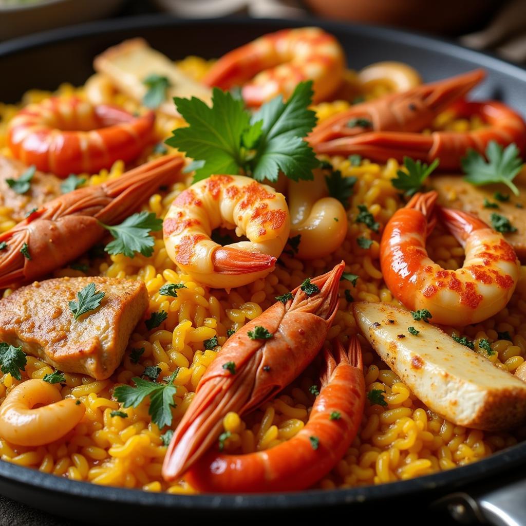 Delicious Spanish paella cooked in a large pan