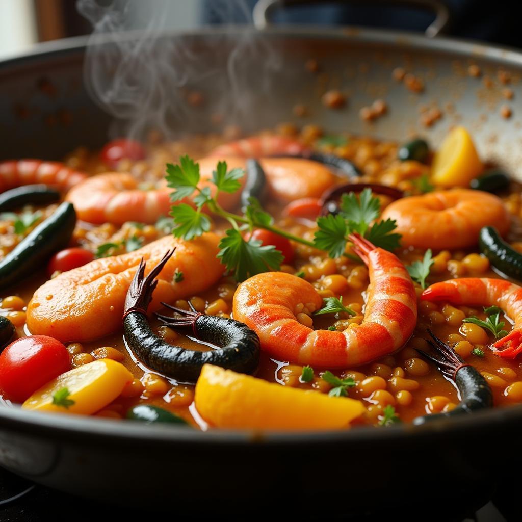 Seafood paella cooking in a pan