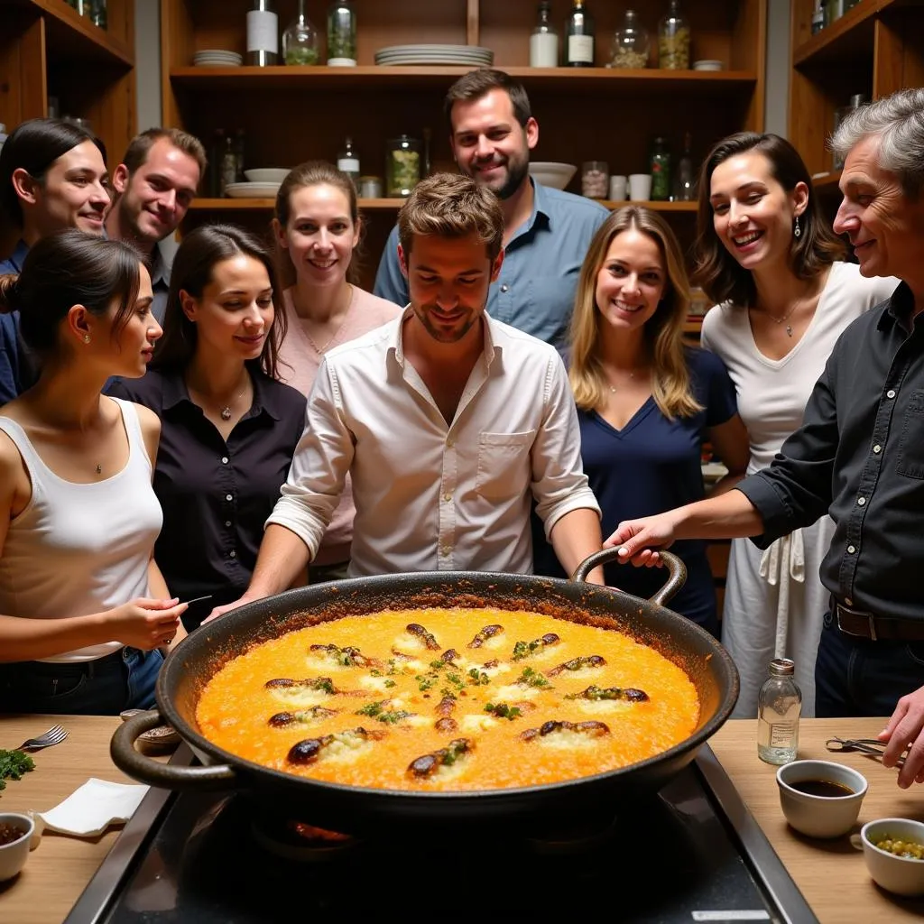 Learning to cook Paella in a traditional Spanish kitchen