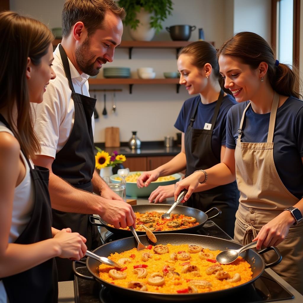 Guests participating in a paella cooking class at Casa Viriato Home, guided by a local chef.