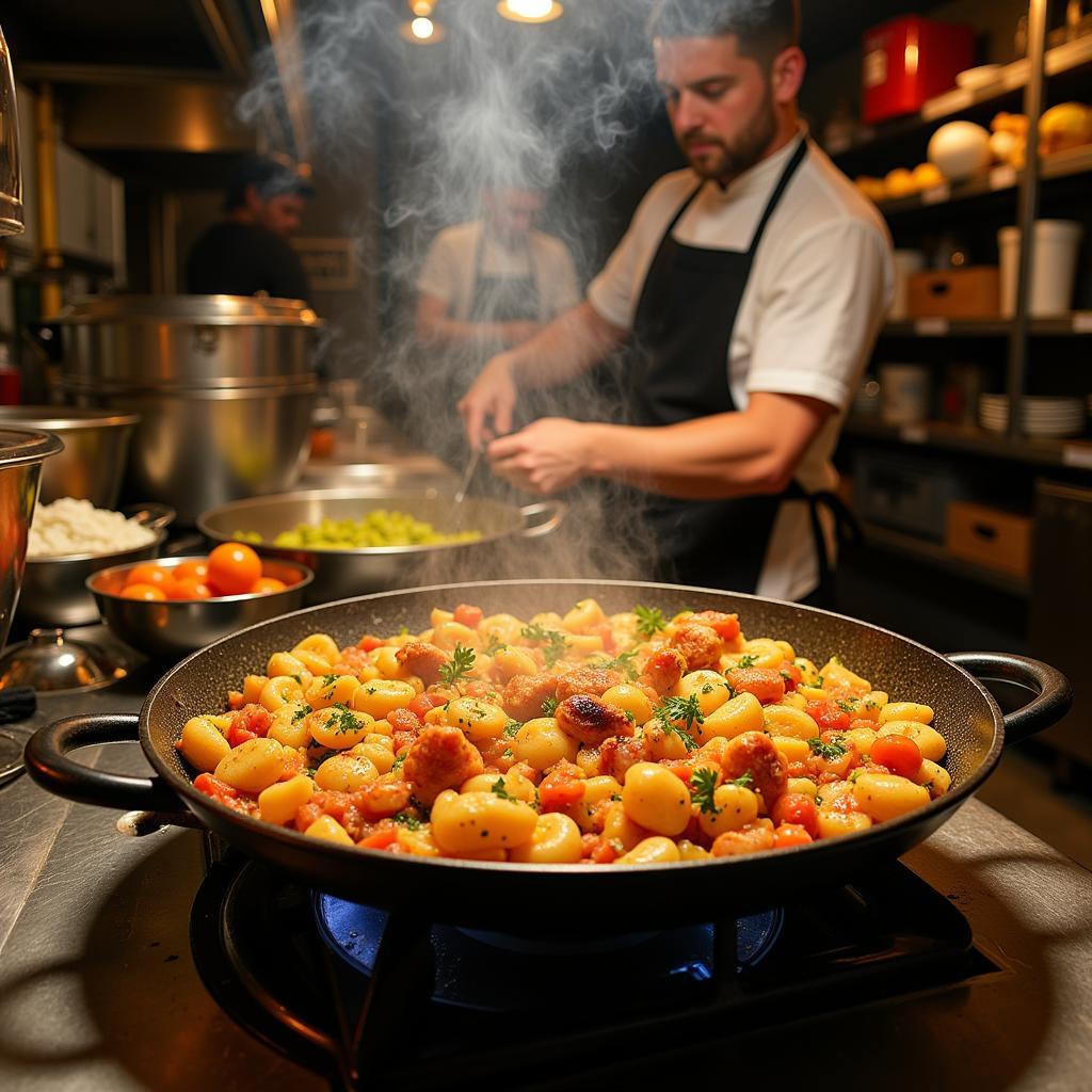 A group of people participating in a paella cooking class