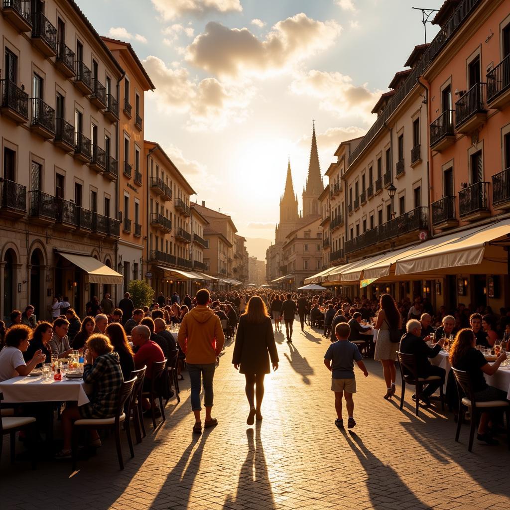 Lively Spanish Plaza at Sunset