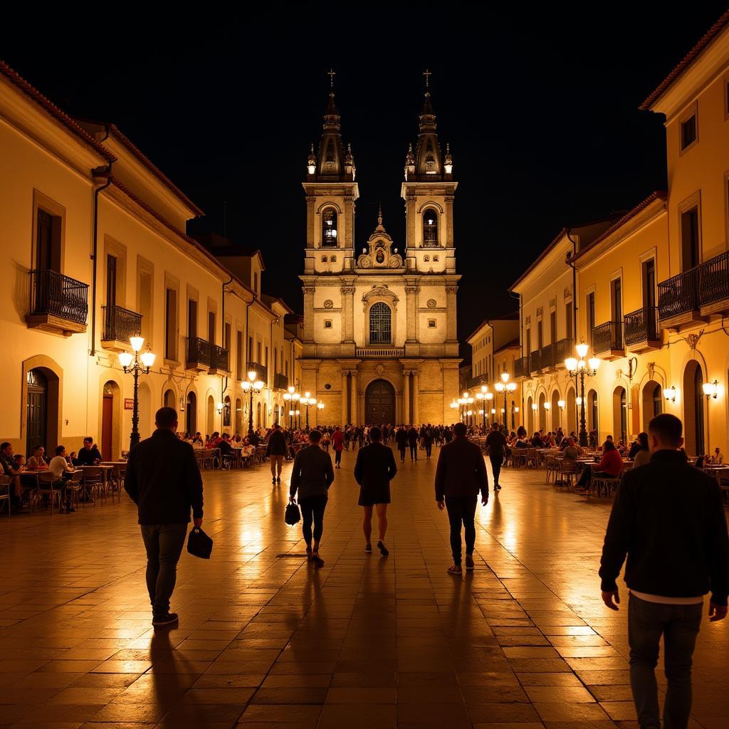 Bustling Spanish plaza at night