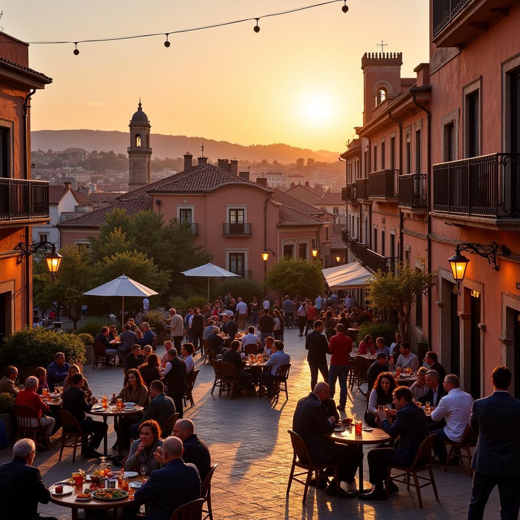 Bustling Spanish Plaza at Sunset