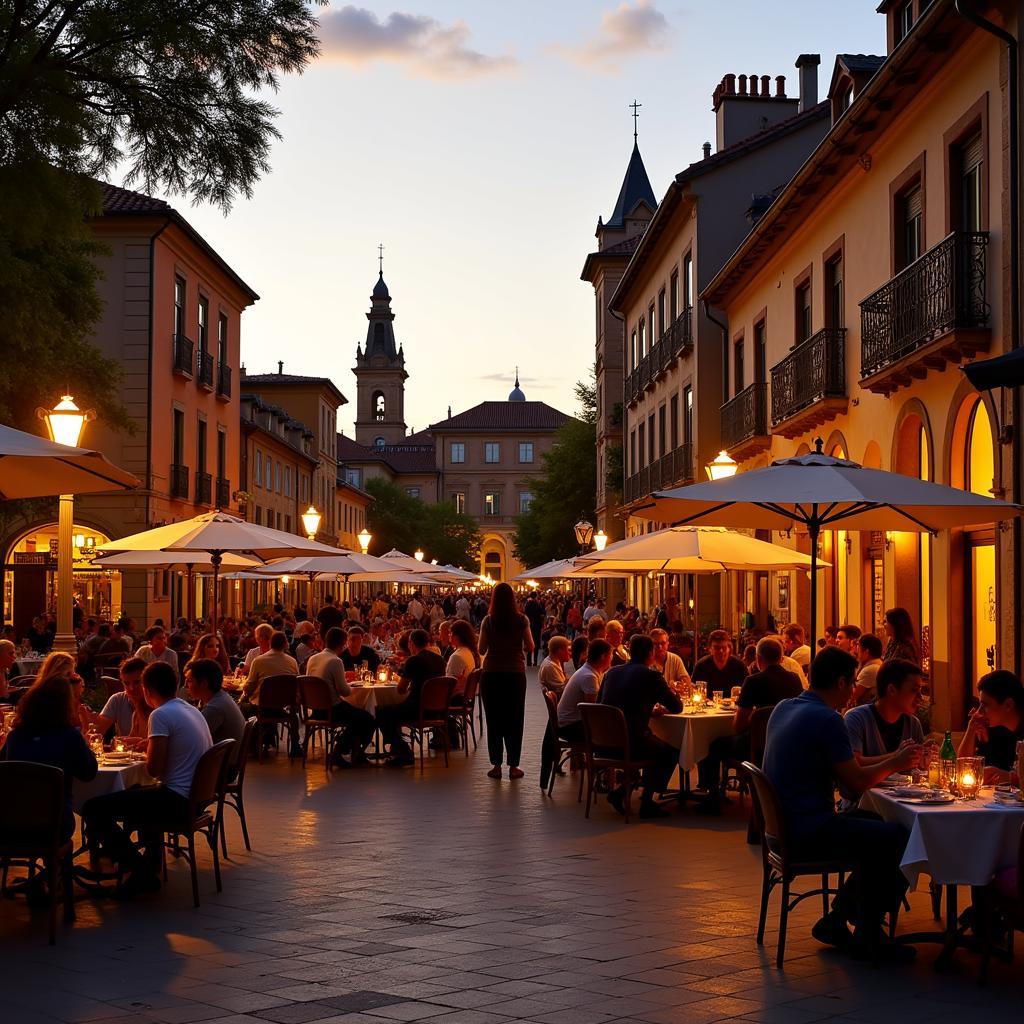 Lively Spanish Plaza at Sunset