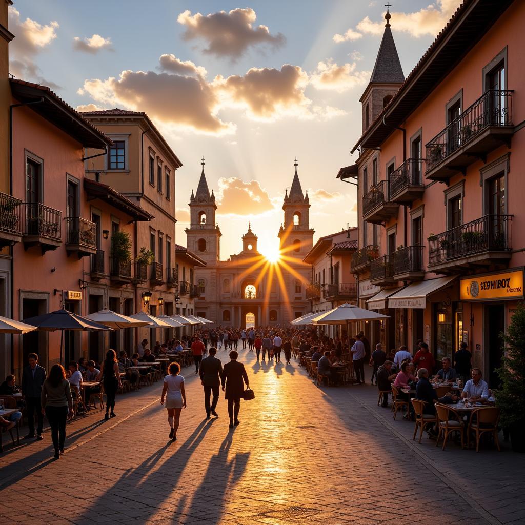 A picturesque Spanish plaza bathed in the golden light of sunset