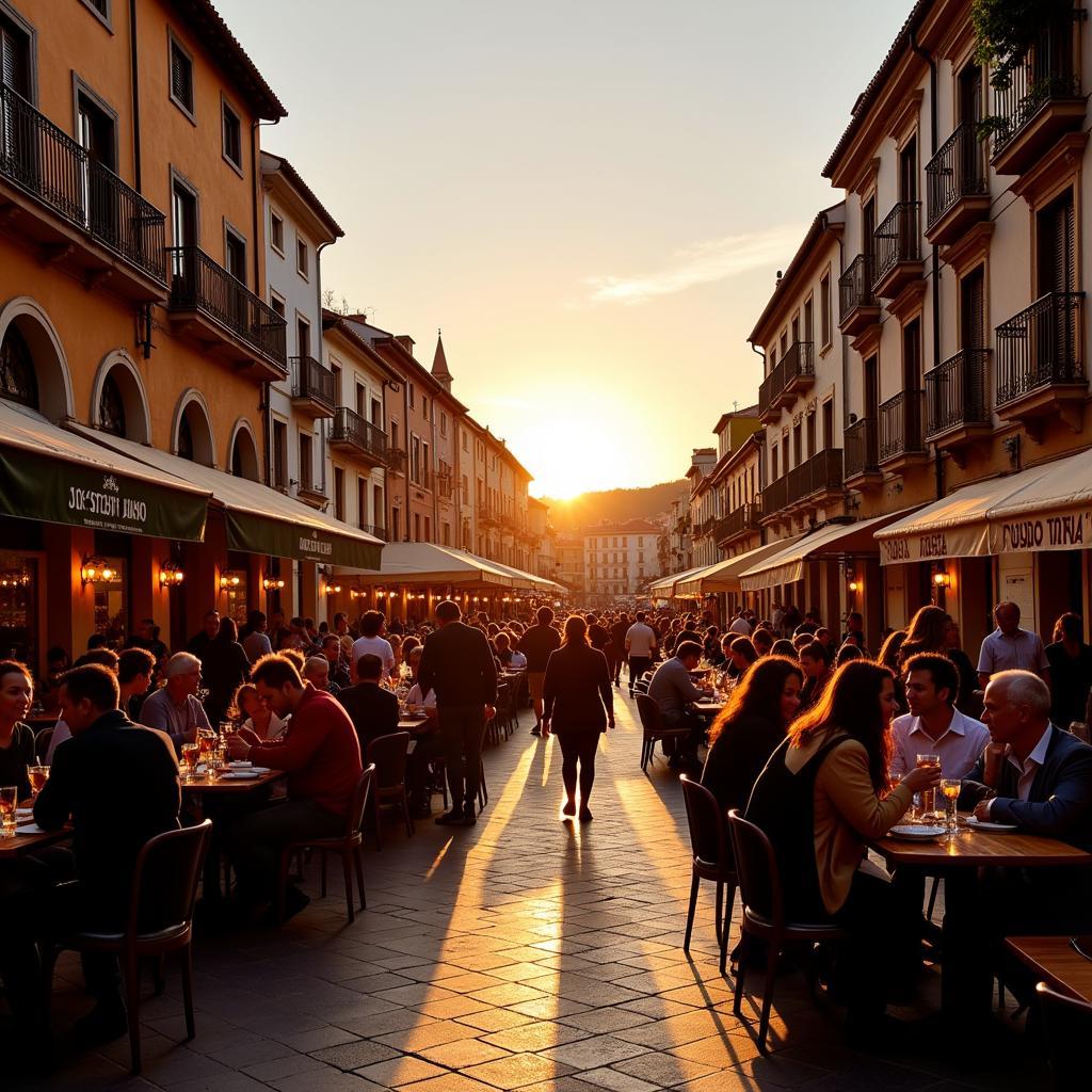 A Lively Spanish Plaza at Sunset