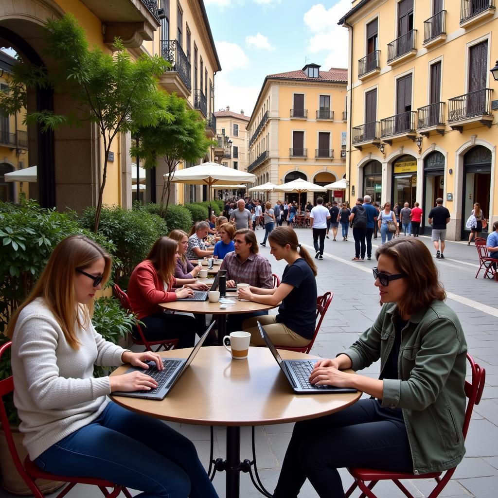 Working remotely from a Spanish plaza cafe