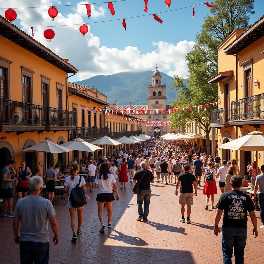 People celebrating in a lively Spanish plaza