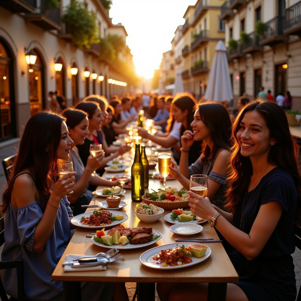 A bustling Spanish plaza with people enjoying "cesta con tapa"