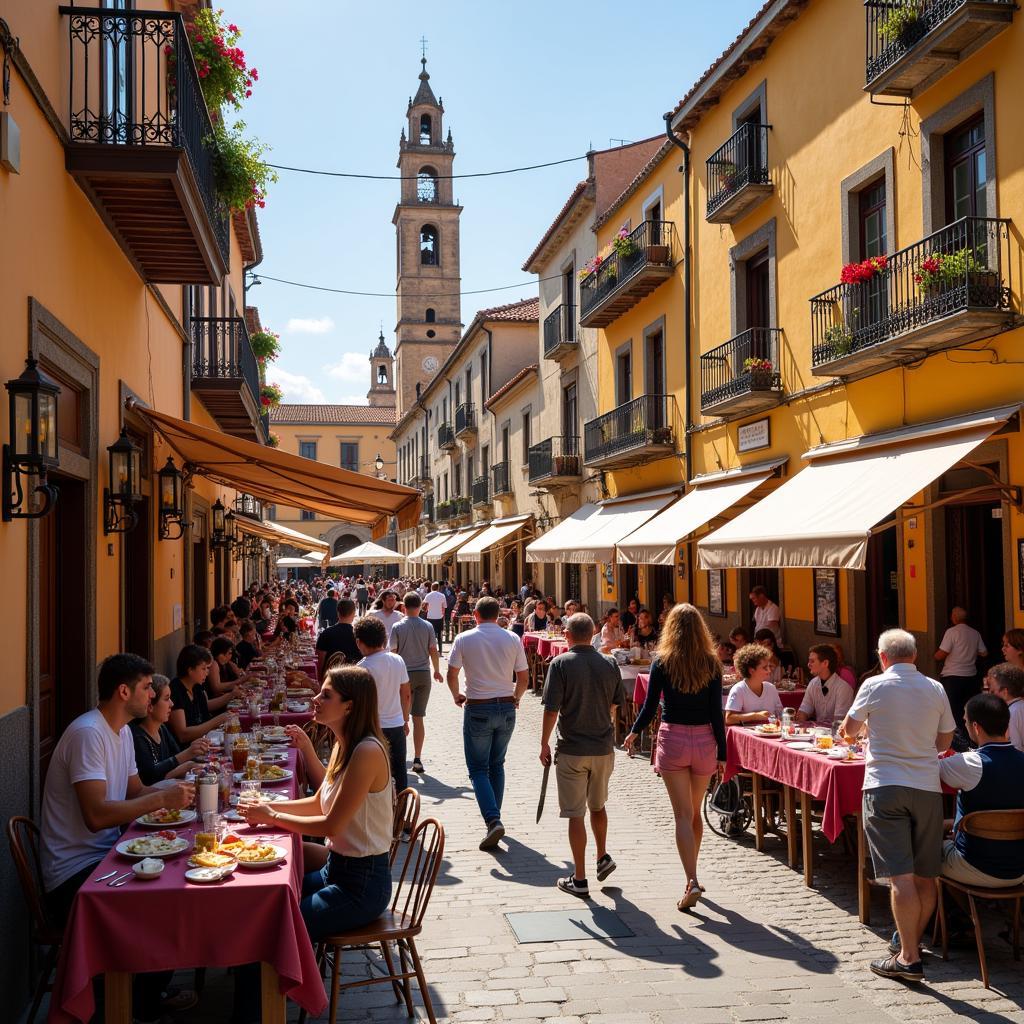 Thriving community gathering in a sun-drenched Spanish plaza