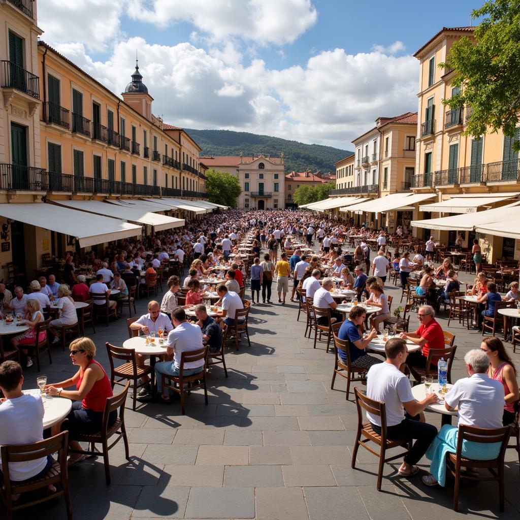 People gathering in a vibrant Spanish plaza