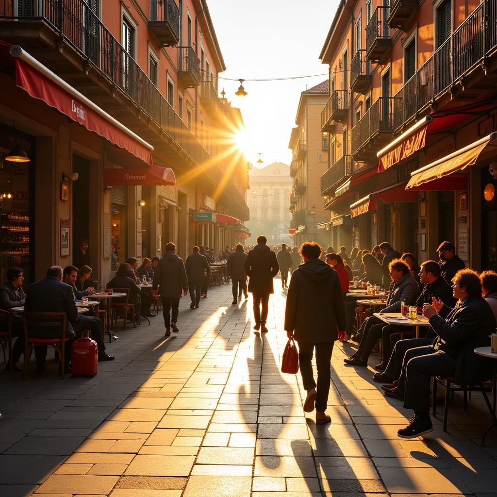 A bustling Spanish plaza in the morning sun