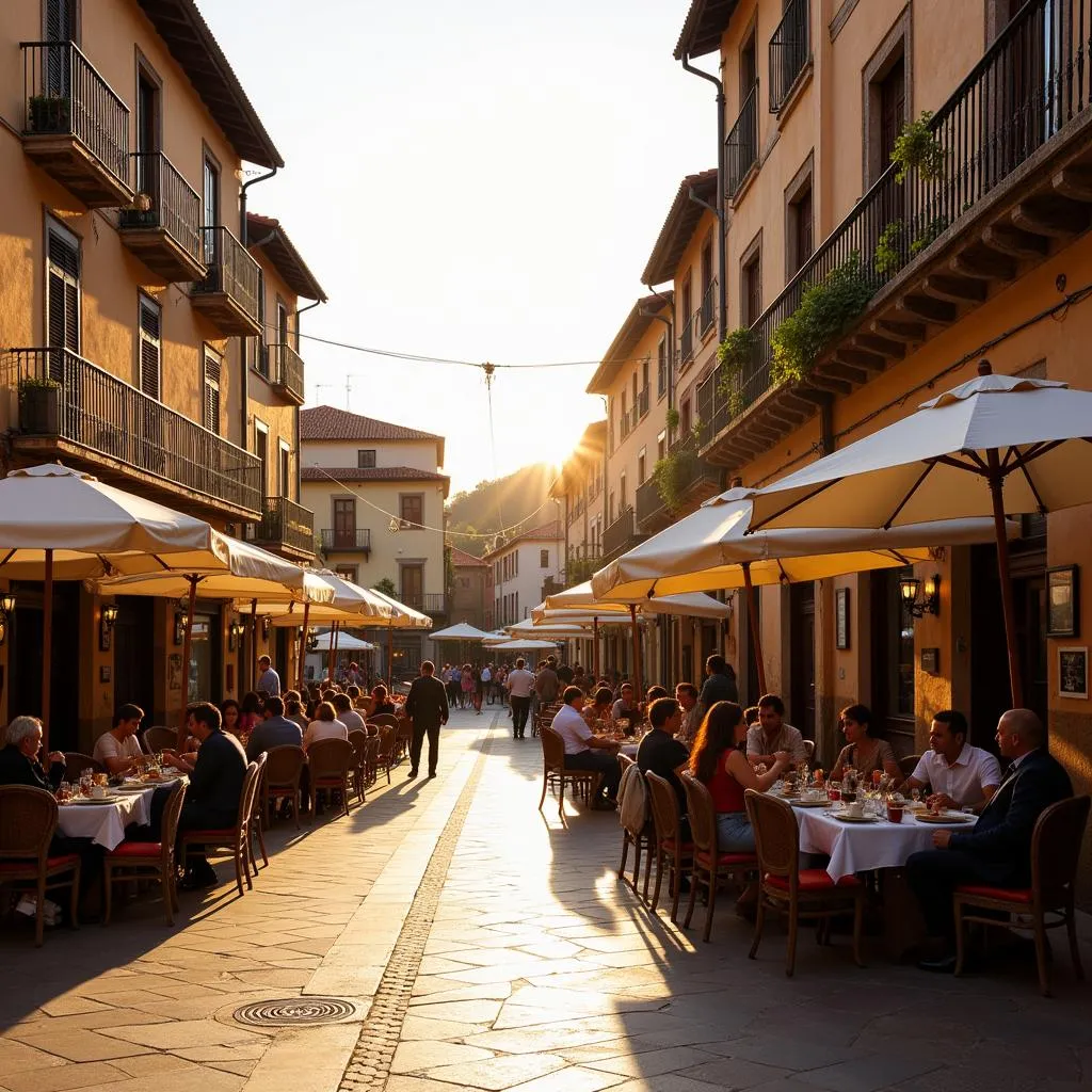 Locals enjoying morning coffee in a Spanish plaza