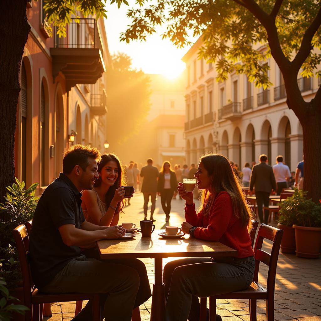 Locals enjoying morning coffee in a Spanish plaza