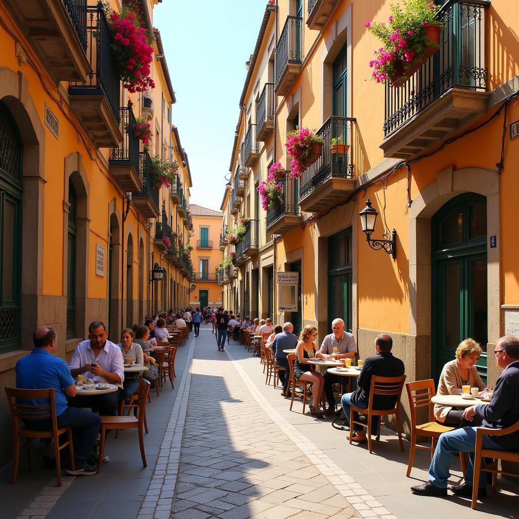 Locals enjoying morning coffee in a Spanish plaza