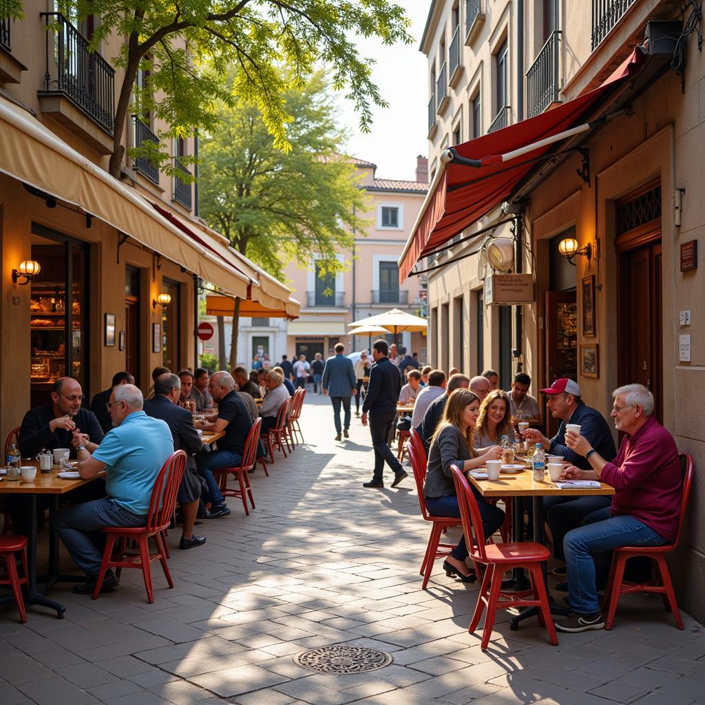 Locals enjoying morning coffee in a Spanish plaza