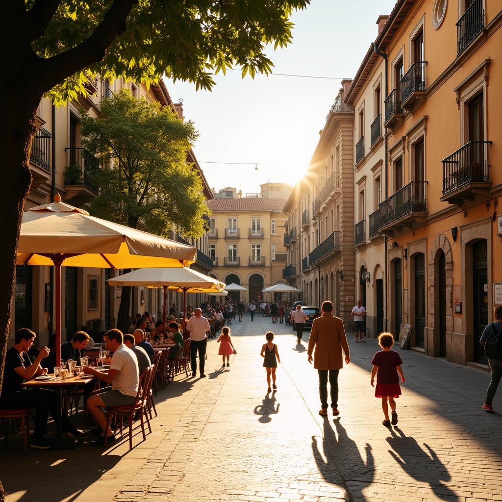 Sun-drenched Spanish plaza in the morning