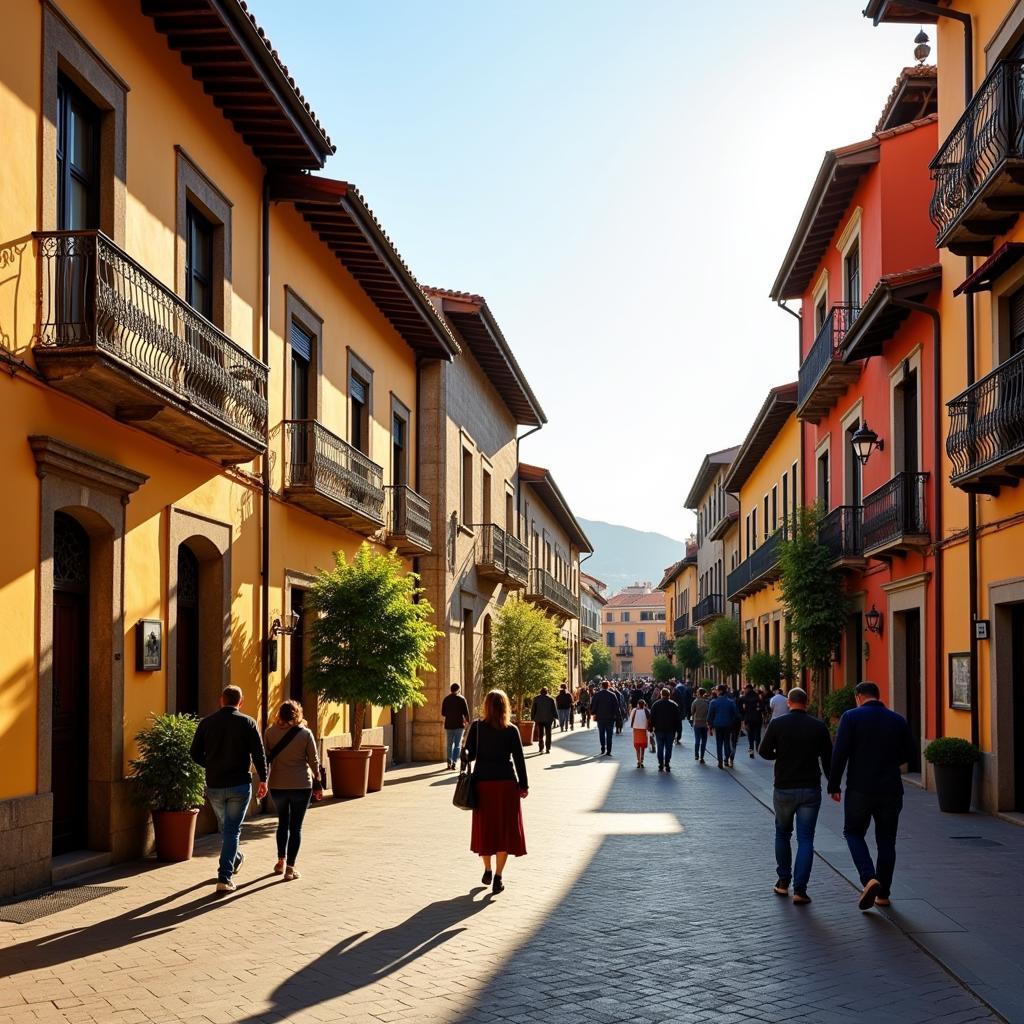 Bustling Spanish Plaza Bathed in Morning Light