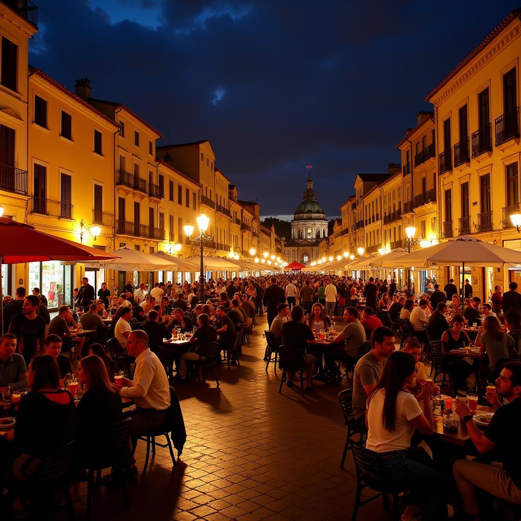 Bustling Spanish Plaza at Night