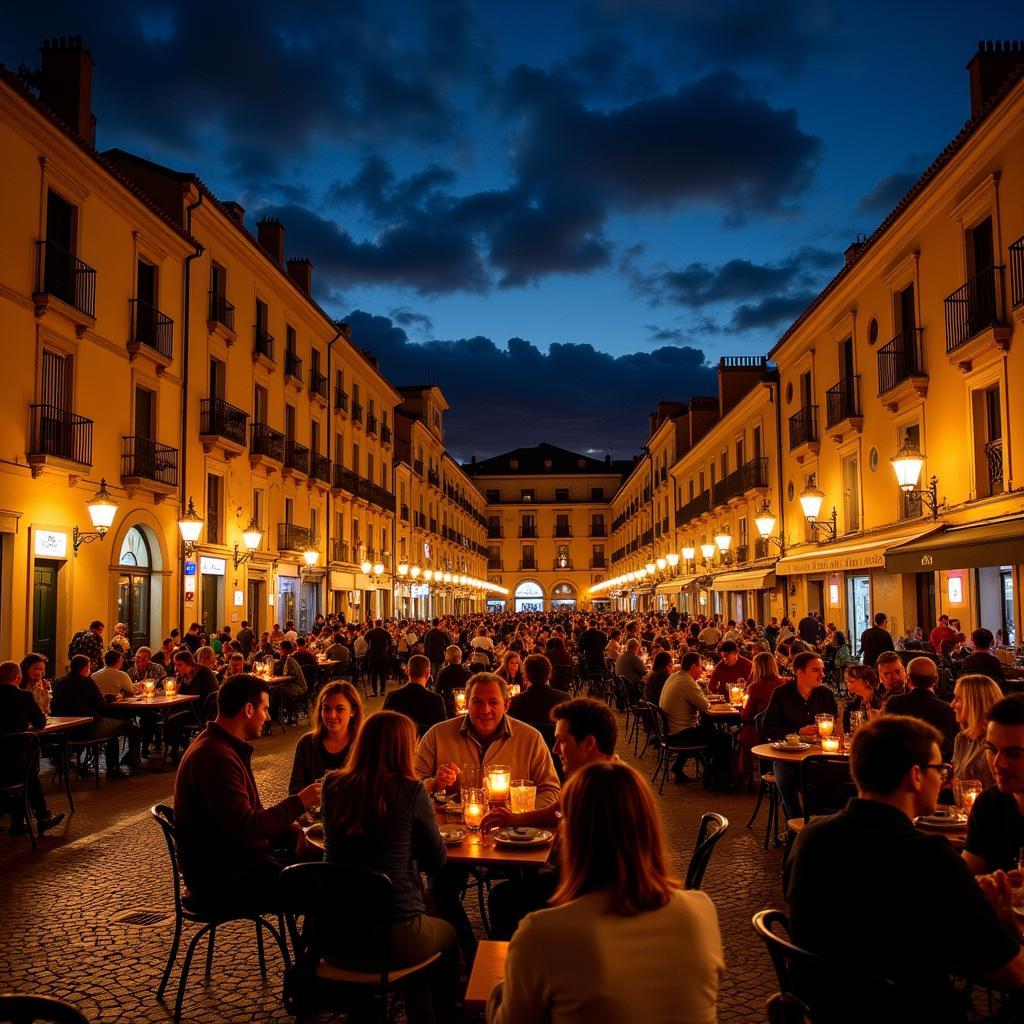 Lively Spanish Plaza at Night