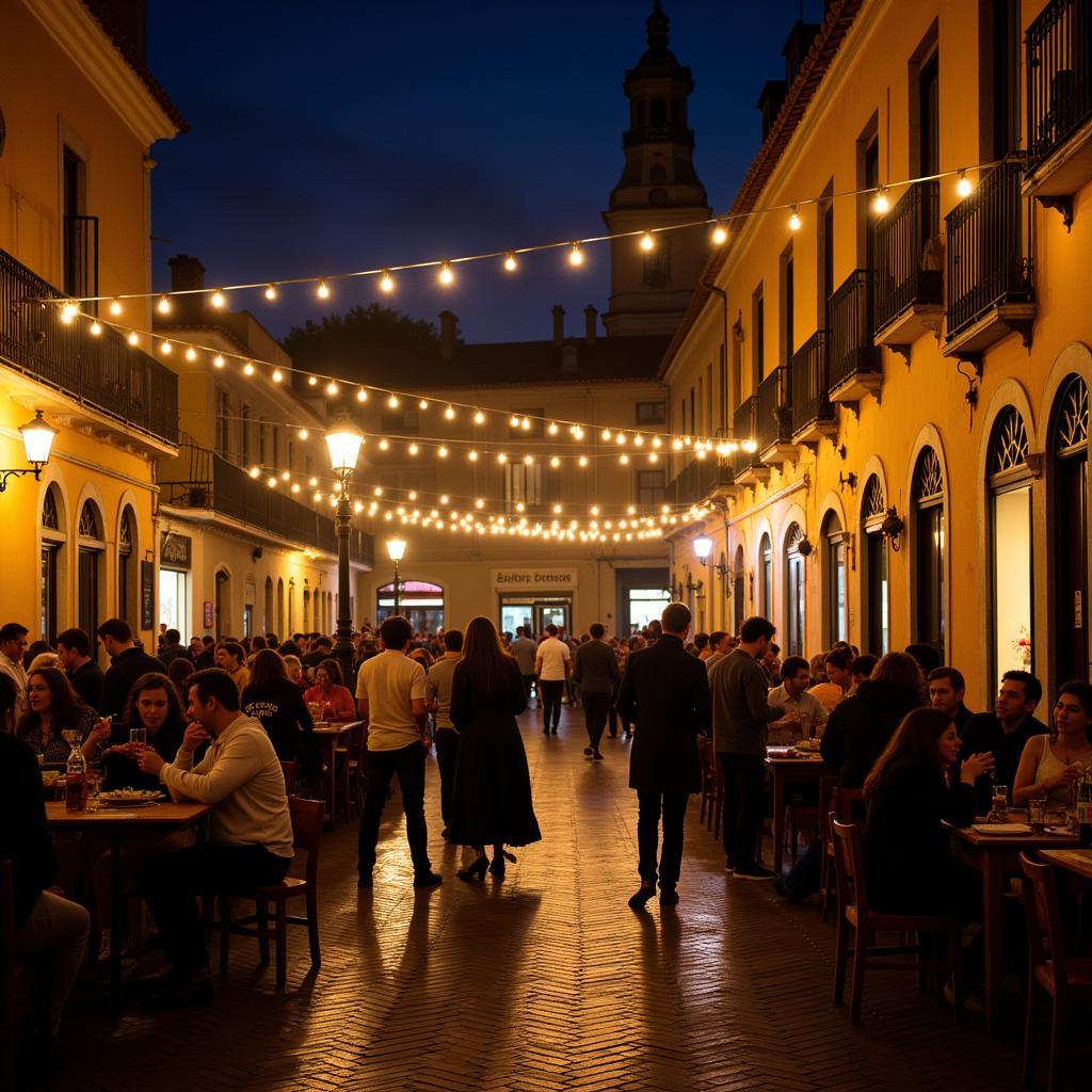 People enjoying nightlife in a Spanish plaza