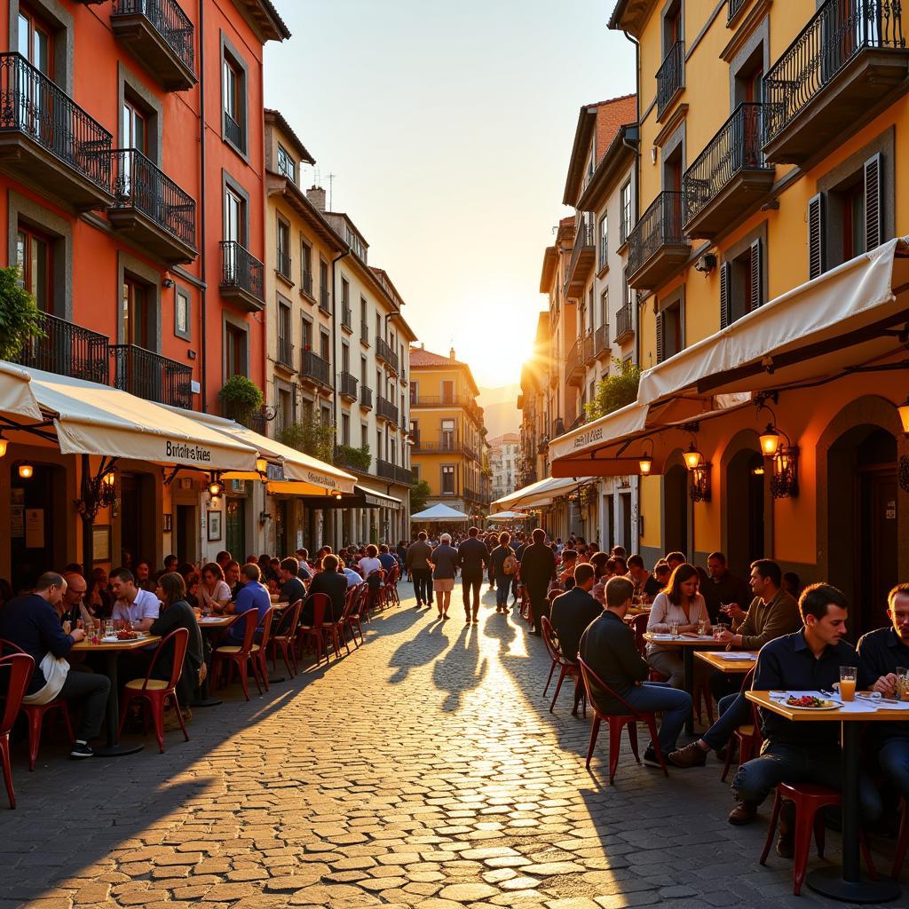 Bustling Spanish Plaza with Outdoor Dining