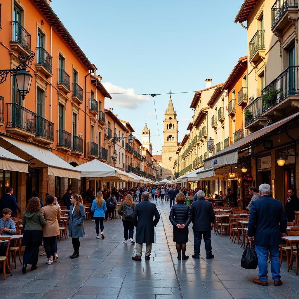 A bustling Spanish plaza, with clues hidden in plain sight, echoing a scene from a Sherlock Holmes mystery